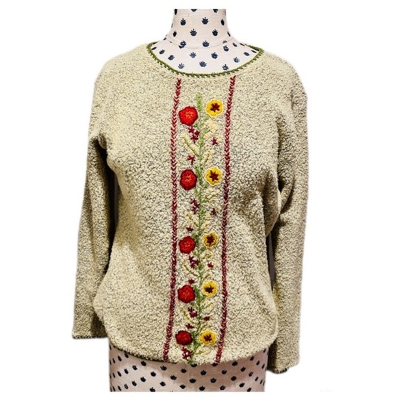 Jenny Sweaters - Floral Embroidered Jenny Boucle Sweater Vintage Cottage Size Large